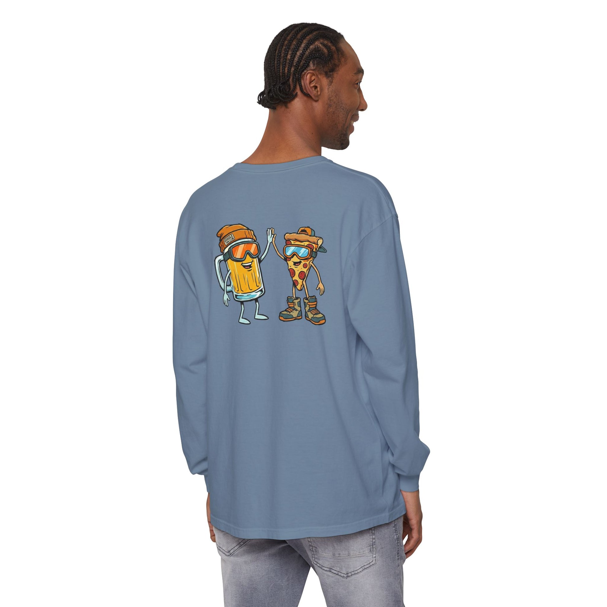Person wearing a blue long-sleeve shirt with cartoon characters on the back, standing against a white background.
