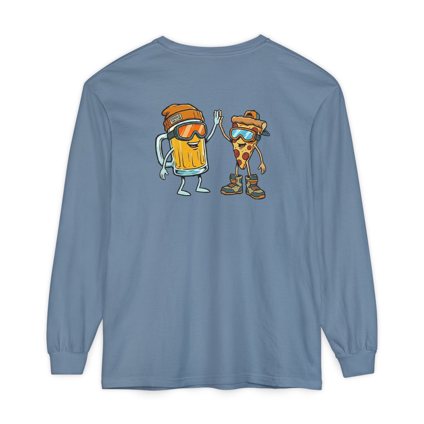 Blue long-sleeve shirt with cartoon characters on the back against a white background