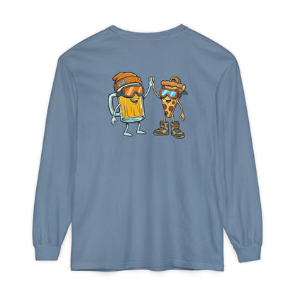 Blue long-sleeve shirt with cartoon characters on the back against a white background