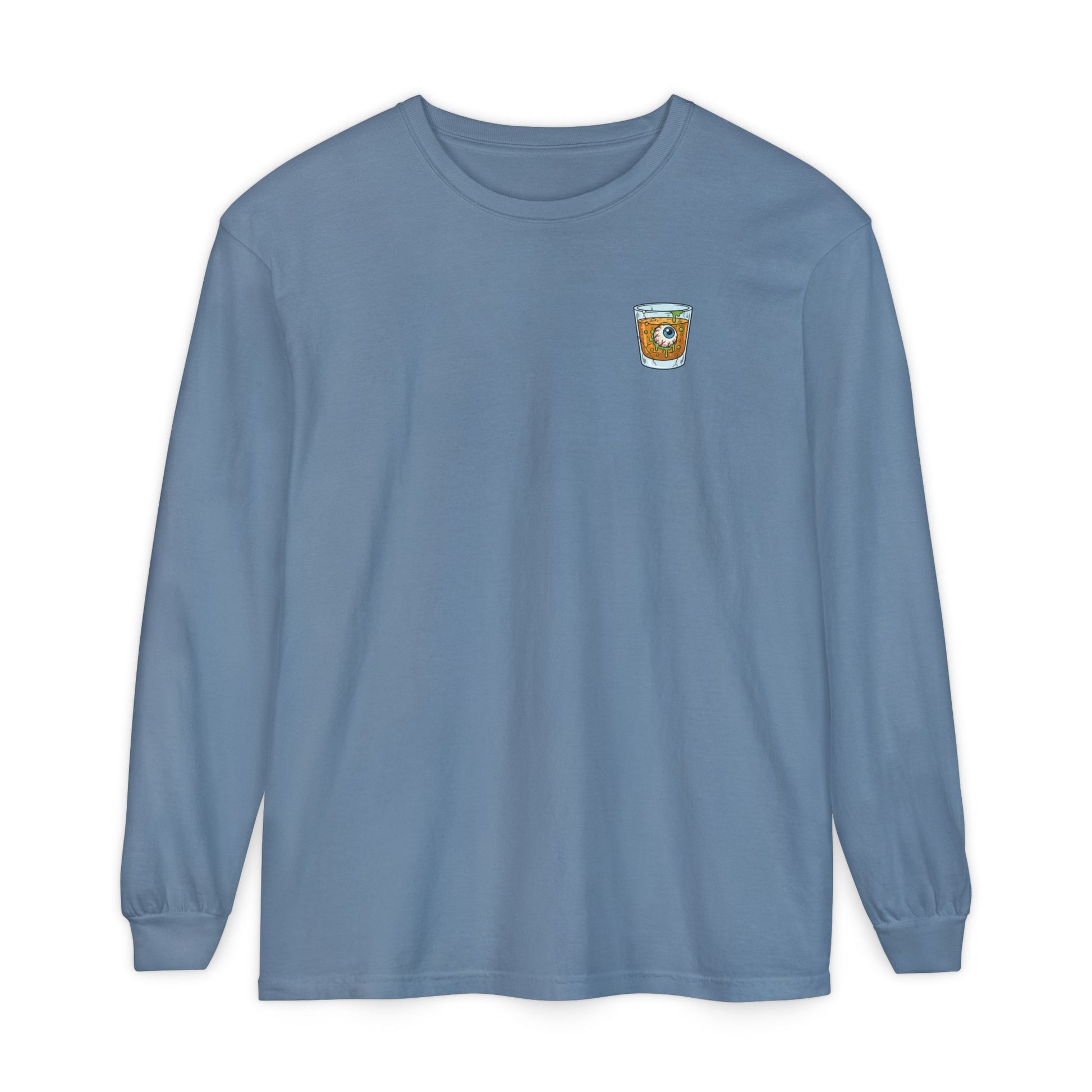 Blue long-sleeve shirt with a small logo on a white background