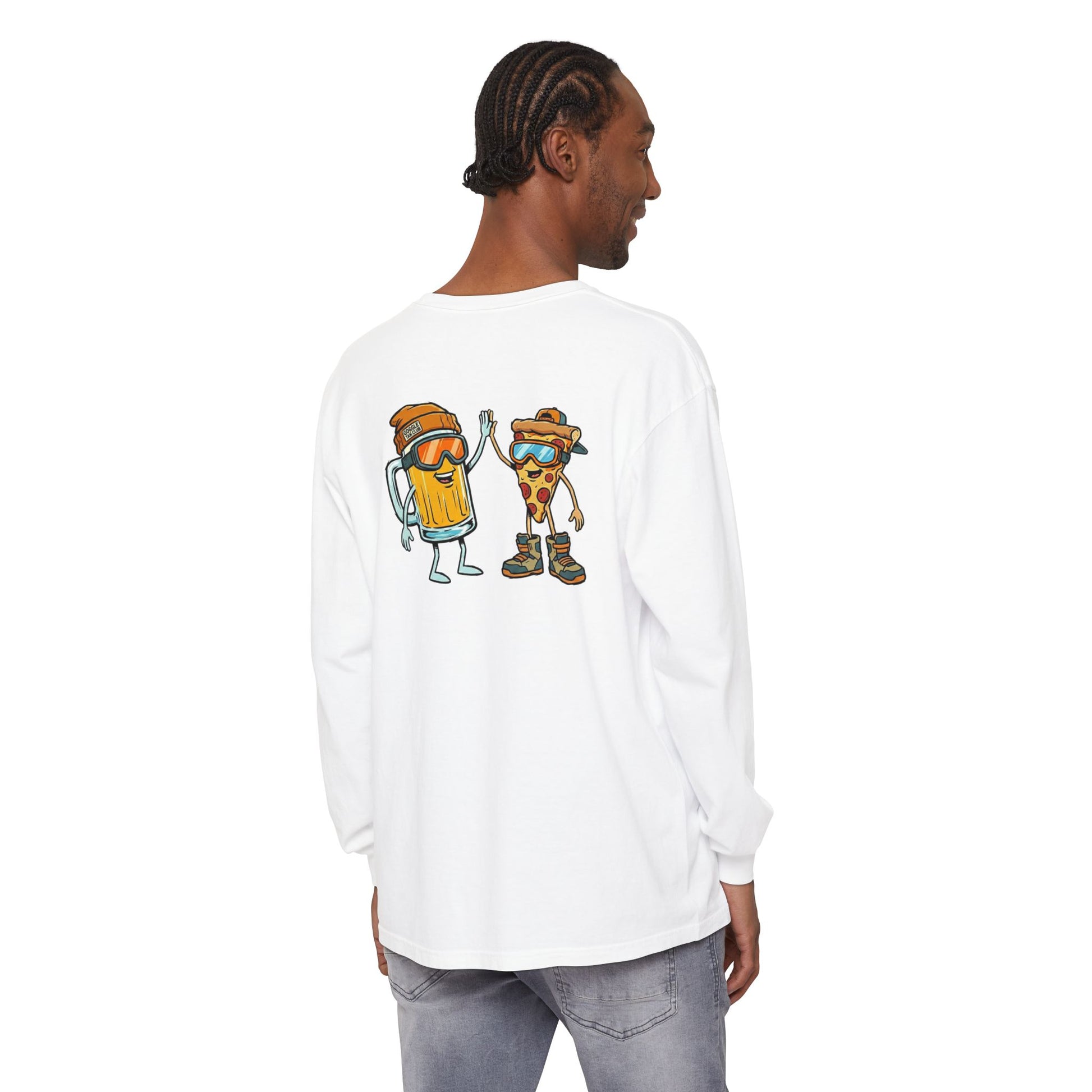 Person wearing a white long-sleeve shirt with cartoon characters on the back, standing against a white background.