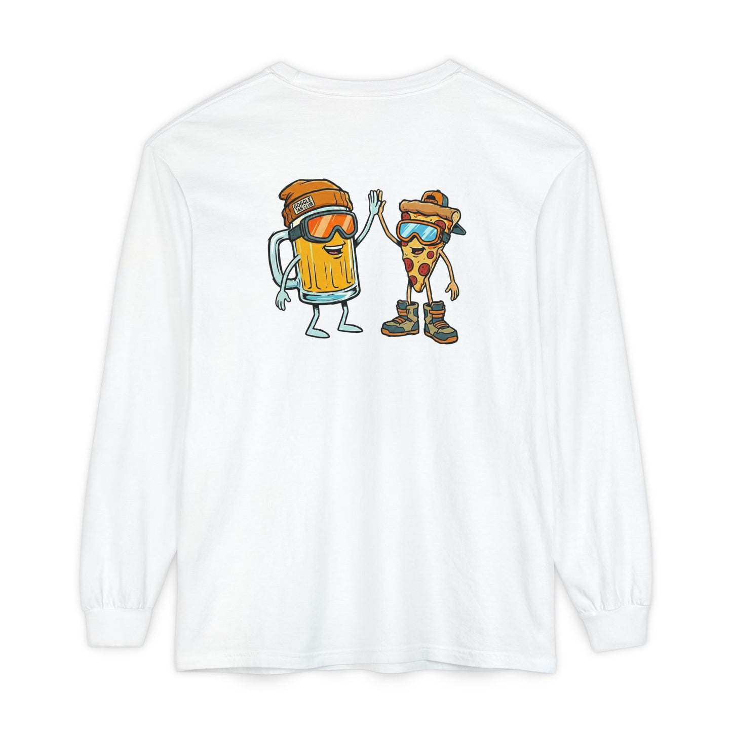 White long-sleeve shirt with cartoon character design on a white background
