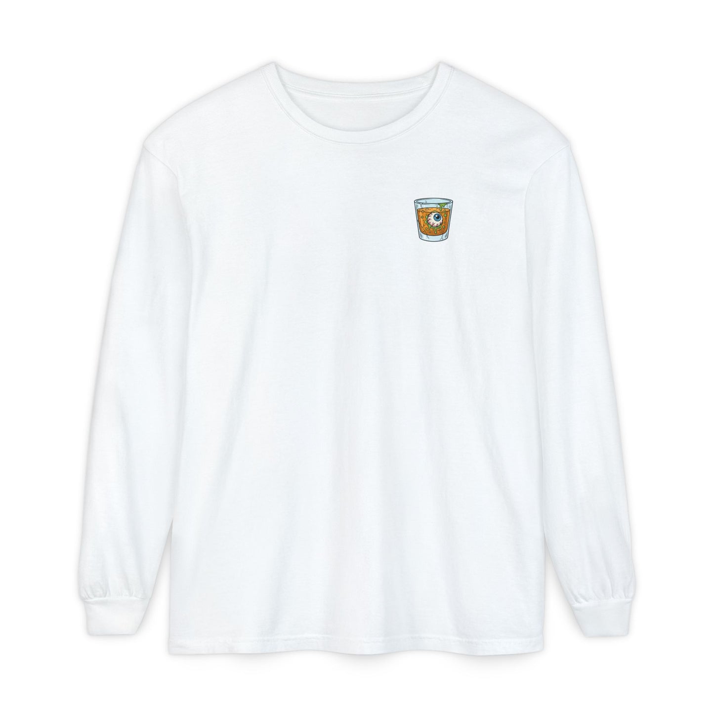 White long sleeve t-shirt with a small shot glass logo containing a 90s skate style on the chest against a white background