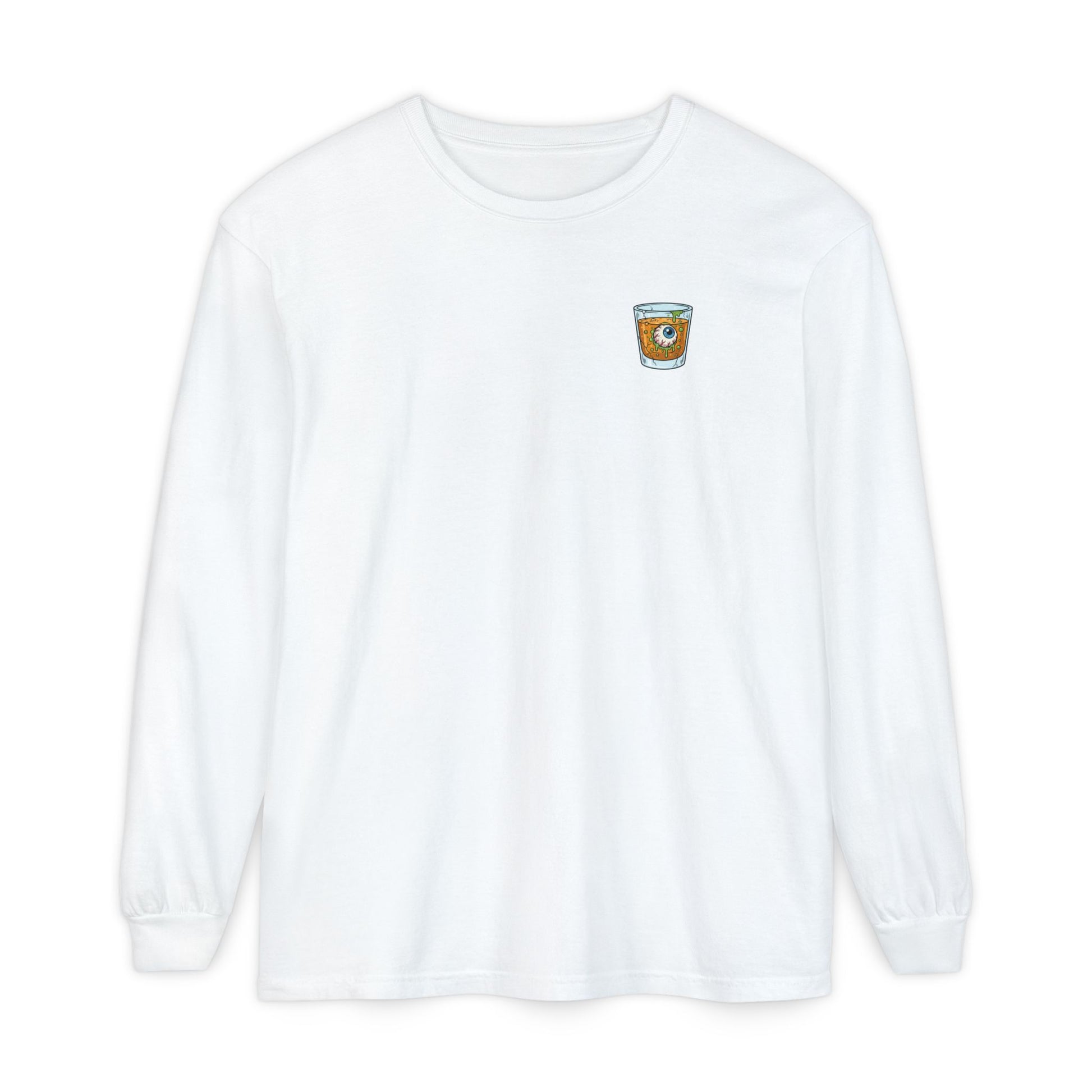 White long sleeve t-shirt with a small shot glass logo containing a 90s skate style on the chest against a white background