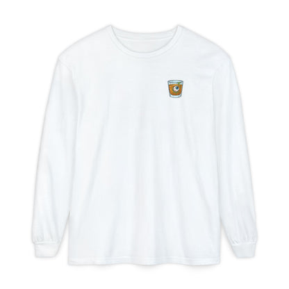 White long sleeve t-shirt with a small shot glass logo containing a 90s skate style on the chest against a white background