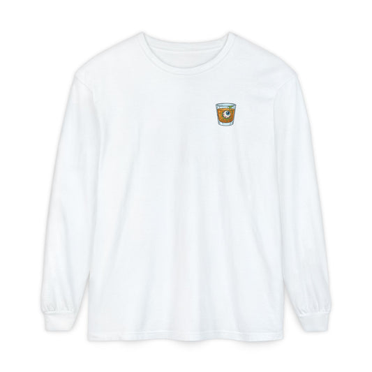 White long sleeve t-shirt with a small shot glass logo containing a 90s skate style on the chest against a white background