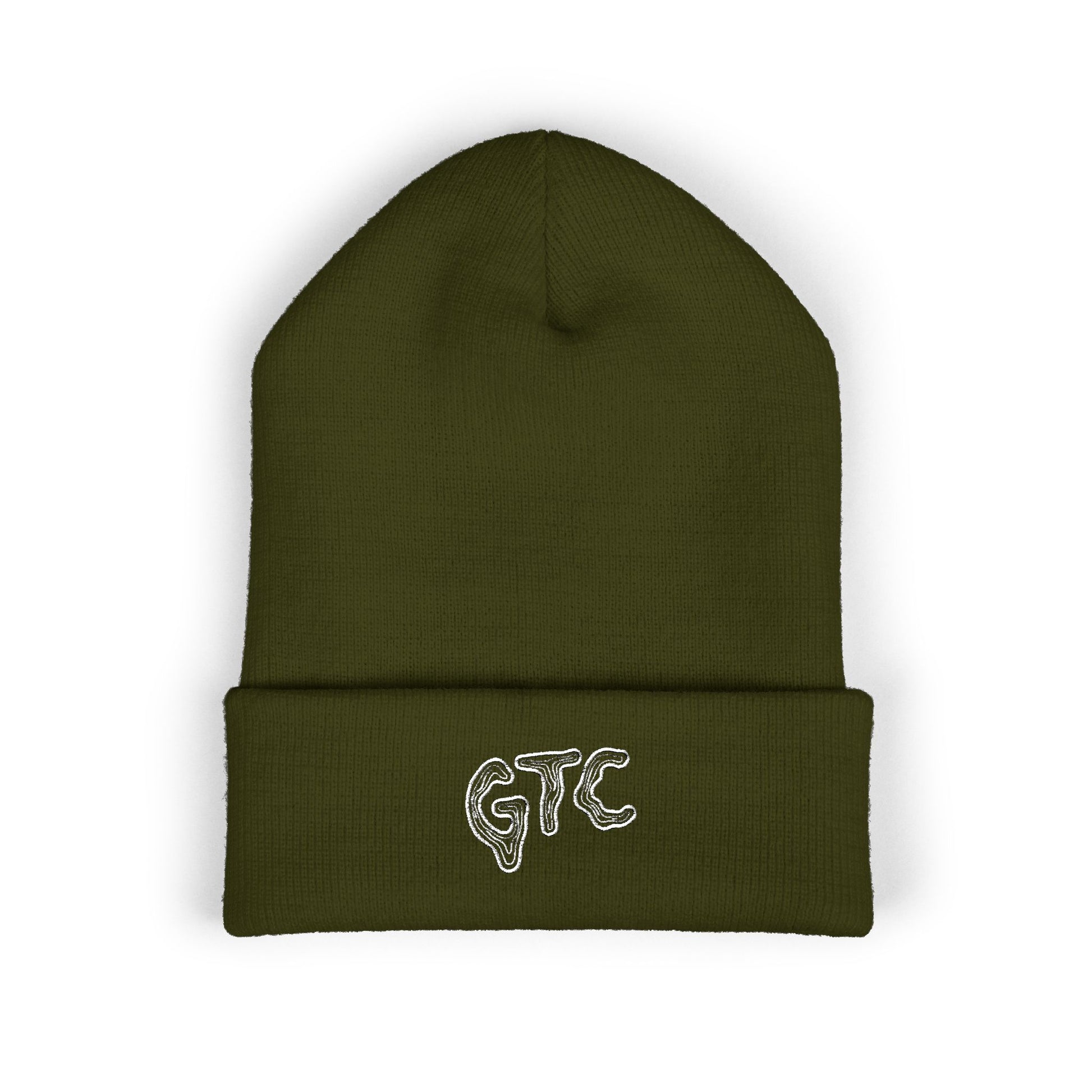 Green beanie with 'GTC' embroidery