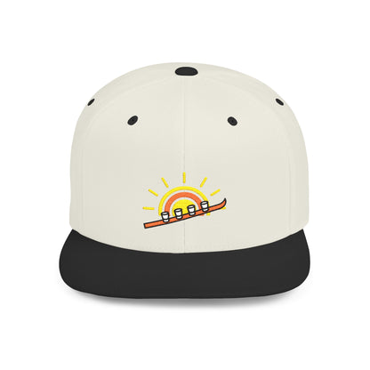 Natural and black cap with a sun and shot-ski design on a white background
