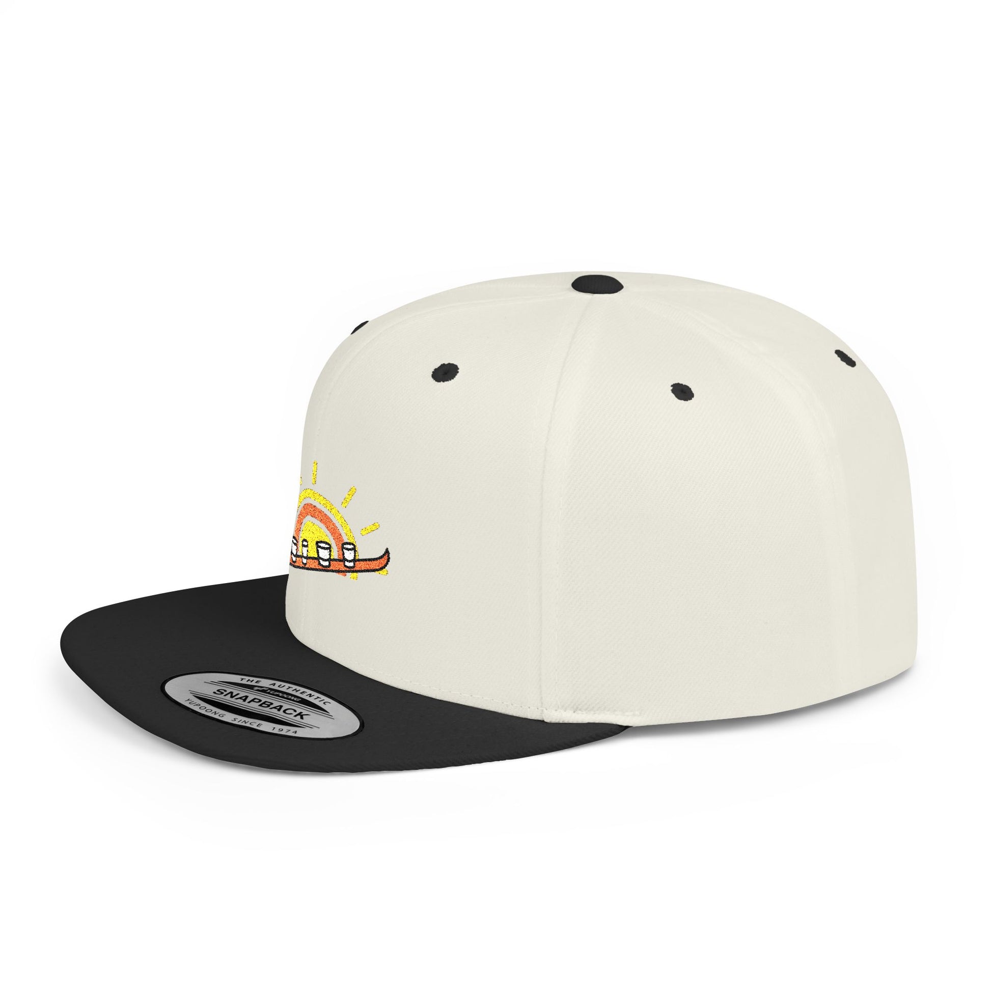 White and black cap with a colorful sun and shot-ski design on a white background