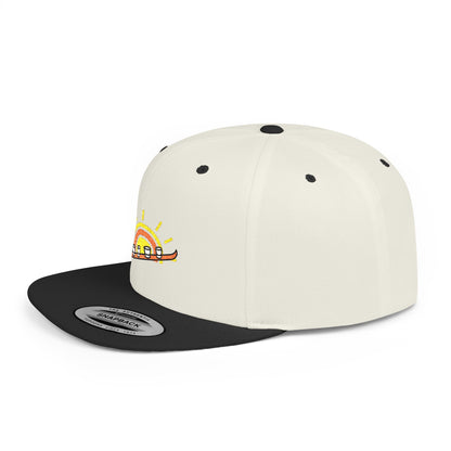 White and black cap with a colorful sun and shot-ski design on a white background