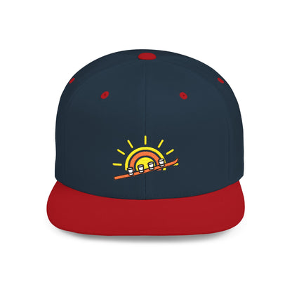 Navy and red cap with a sun and shot-ski design on a white background