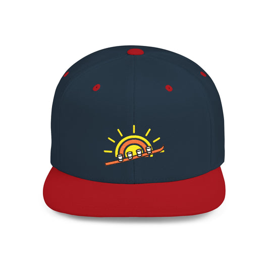 Navy and red cap with a sun and shot-ski design on a white background