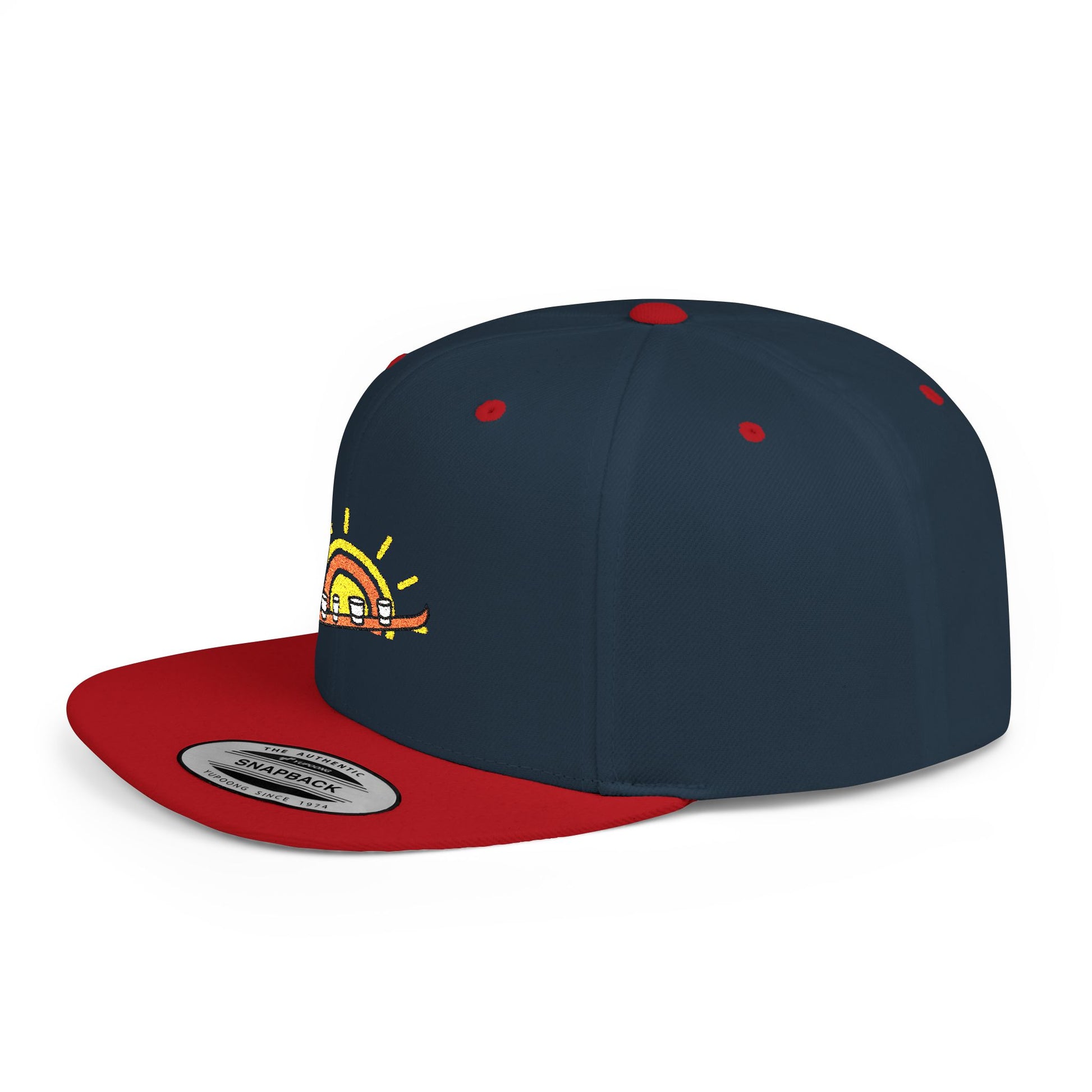 Navy and red cap with a sun and shot-ski design on a white background